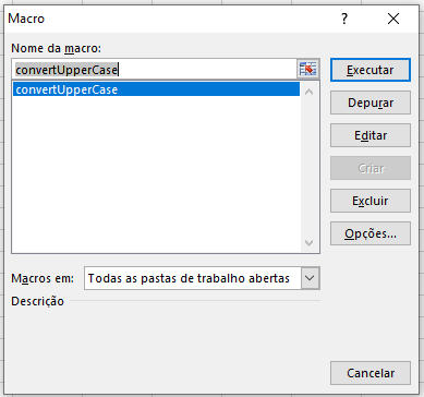 janela para escolha do código da macro