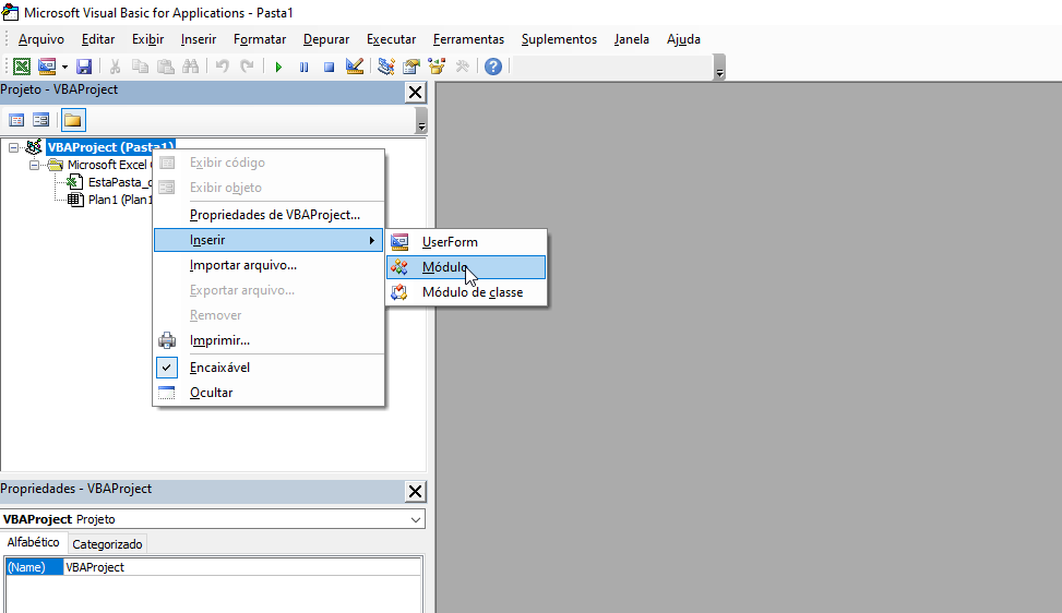 como inserir novo módulo de código vba