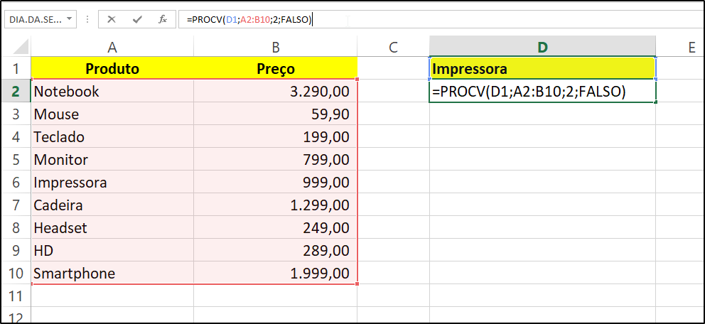 Fórmula PROCV sendo digitada na barra de fórmulas do Excel