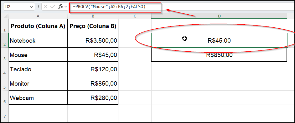 Tabela de exemplo no Excel com função PROCV aplicada mostrando resultado