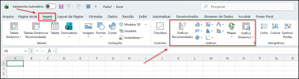 Guia Inserir do Excel mostrando opções de tipos de gráficos disponíveis