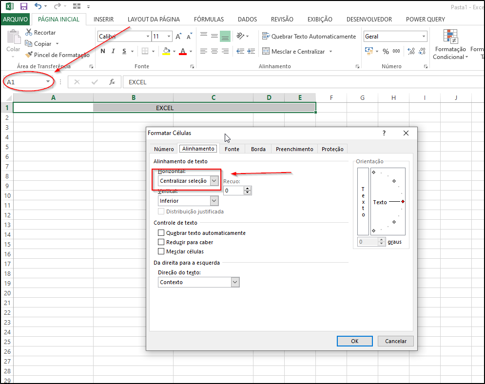Comparação visual entre células mescladas e uso de centralizar na seleção