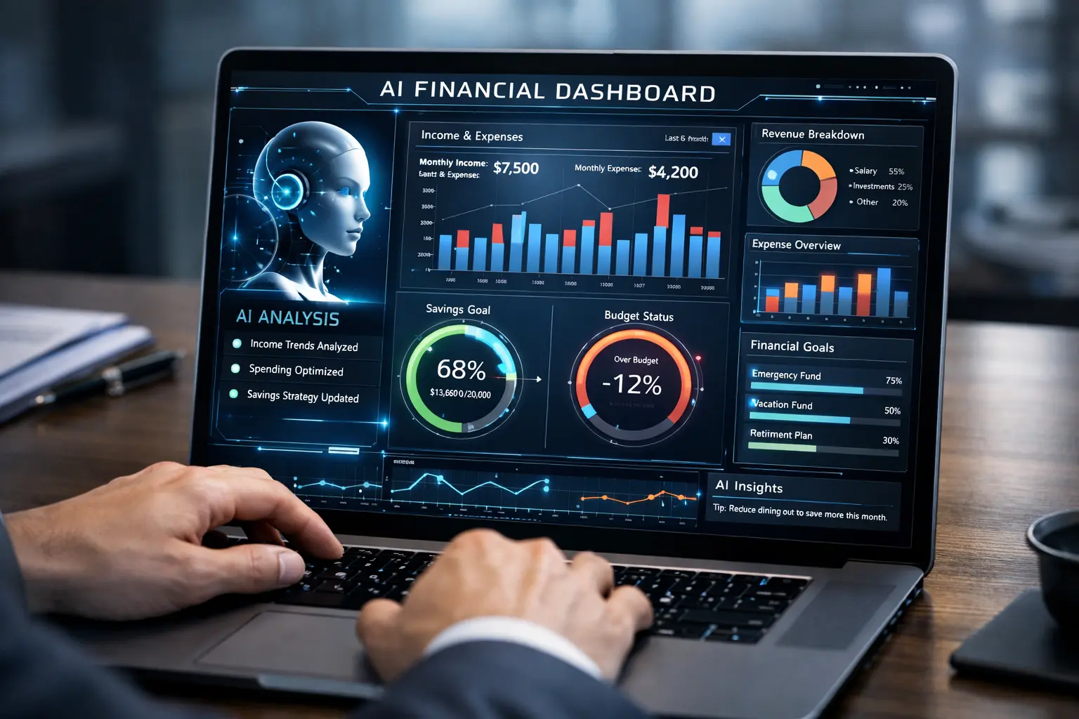 Controle financeiro com inteligência artificial analisando receitas e despesas