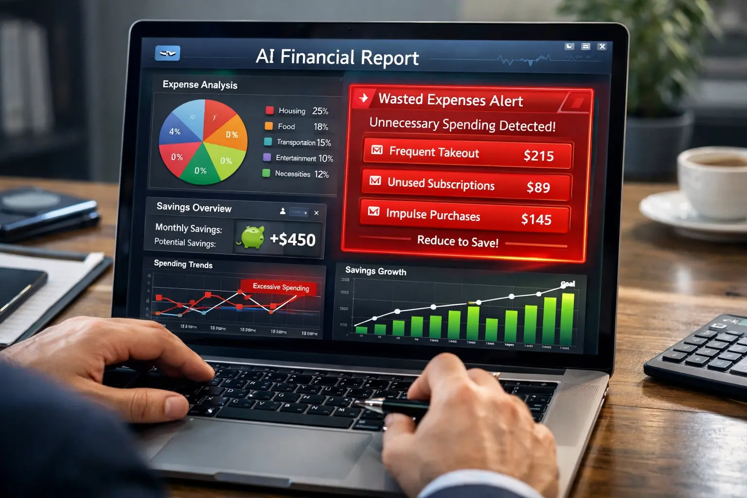 Identificação de desperdícios financeiros usando inteligência artificial e análise de gastos pessoais.
