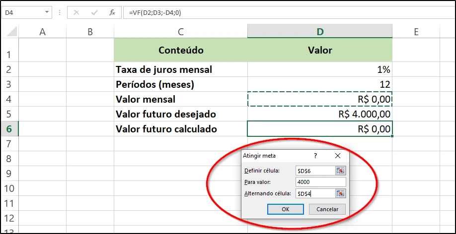 janela Atingir Meta no Excel configurada para alcançar 4000 alterando a célula D4
