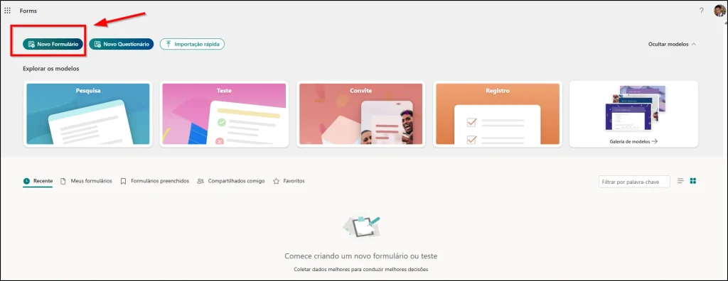 Página inicial do Microsoft Forms com destaque para o botão Novo Formulário