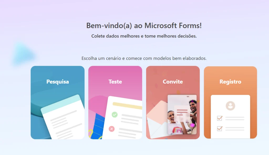 Tela inicial do Microsoft Forms com opções de Pesquisa, Teste, Convite e Registro